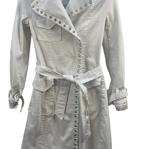 9.8 Jeans White Trench Coat Studded Belted Waist Single-Breasted Small - Picture 4 of 11